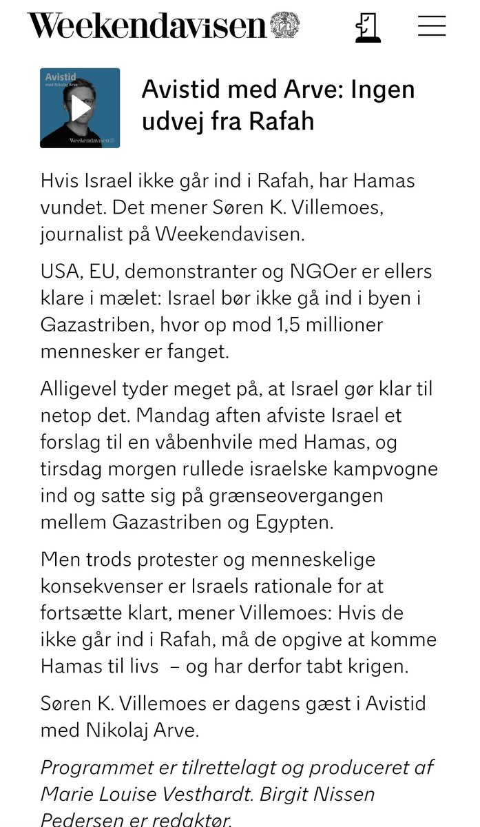 Jeg siger onde ting om krigen i Gaza med @NikoArve i dagens Avistid. weekendavisen.dk/podcast/avistid