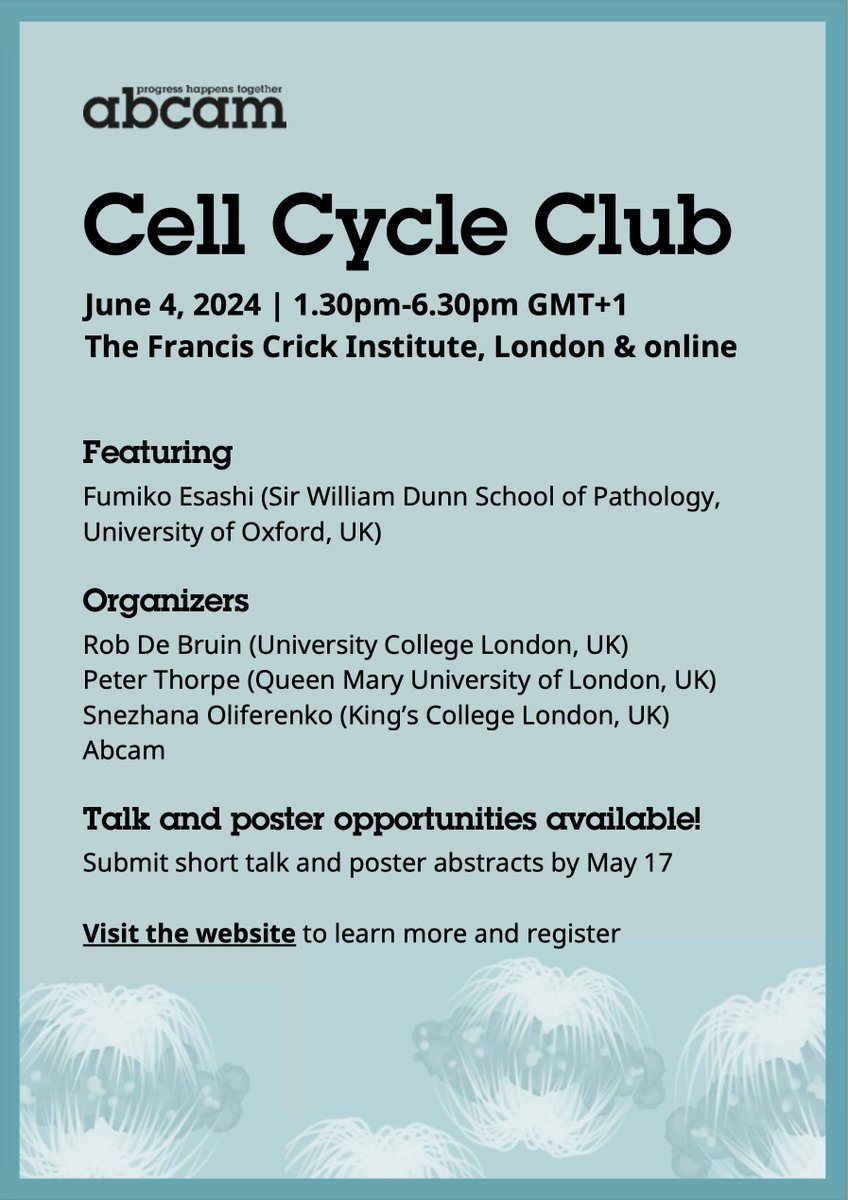 The Cell Cycle Club meeting is back, in-person @TheCrick London, June 4 & for global participation live streamed for virtual attendees! PRESENT YOUR WORK? SUBMIT AN ABSTRACT (deadline 17 May) ATTEND THE MEETING Register for this FREE @Abcam event now! abcam.com/events/london-…
