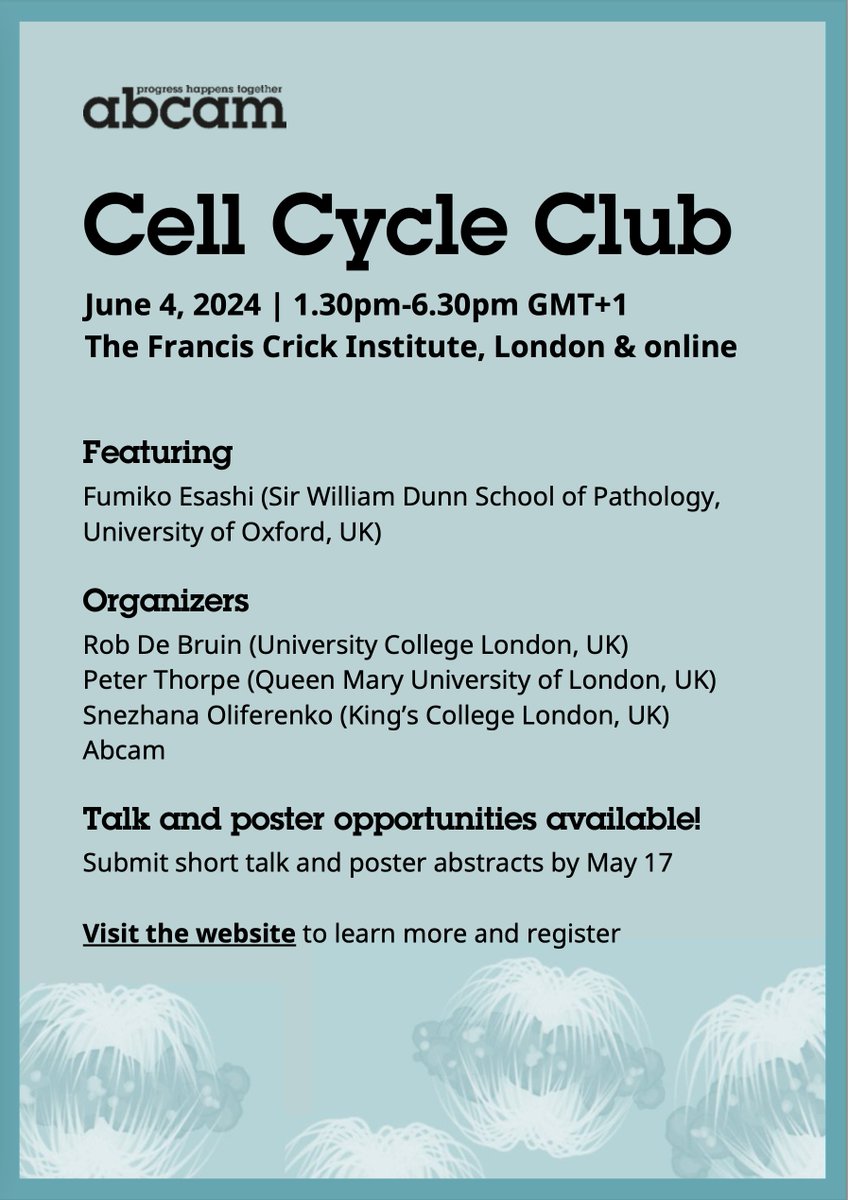Robertus de Bruin (@derobertus) on Twitter photo TheĀ Cell Cycle Club meetingĀ is back, in-person <a href="/TheCrick/">The Francis Crick Institute</a> London, June 4 & for globalĀ participation live streamed for virtual attendees!
PRESENT YOUR WORK?
SUBMIT AN ABSTRACT (deadline 17 May)
ATTEND THE MEETING
Register for this FREEĀ @AbcamĀ event now!
abcam.com/events/london-⦠The Cell Cycle Club meeting is back, in-person <a href="/TheCrick/">The Francis Crick Institute</a> London, June 4 & for global participation live streamed for virtual attendees!
PRESENT YOUR WORK?
SUBMIT AN ABSTRACT (deadline 17 May)
ATTEND THE MEETING
Register for this FREEĀ @AbcamĀ event now!
abcam.com/events/london-ā¦
