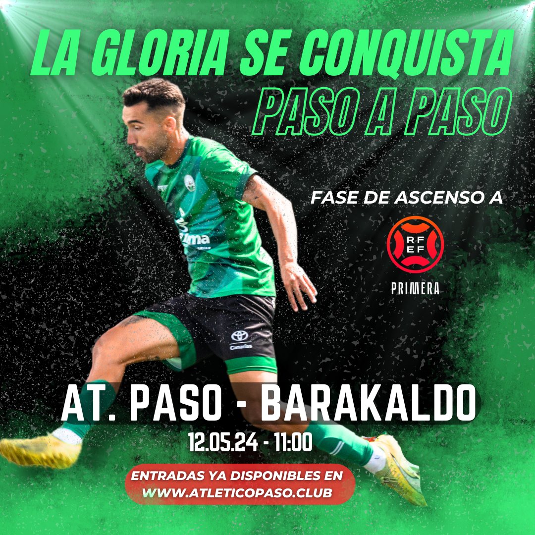 🆕El Atletico Paso - @BarakaldoCF por el ascenso a 1ª RFEF se diputará este domingo 12 de mayo a las 11:00 horas en el Estadio Municipal. 🎟 ¡Entradas ya la venta! ¡Hazte con la tuya de forma anticipada y tendrá descuento! atleticopaso.club #unpasodegigante #atleticopaso