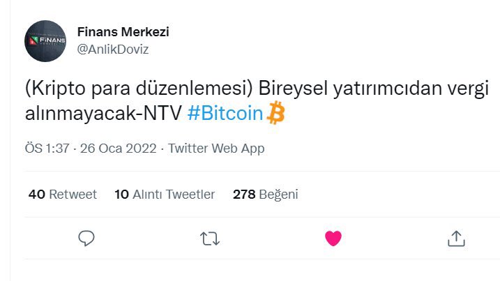 2 yılda ne değişti biliyor musunuz?

Hükümet kanatları baktı ki kripto yatırımcılardan ses çıkmıyor, büyük boğa başlamadan vergiyi hemen koyalım dediler.

Bu akşam saat 20:00’de %5 vergi iddialarına ses çıkartmazsanız, kaybeden siz olacaksınız! #VergisizKripto