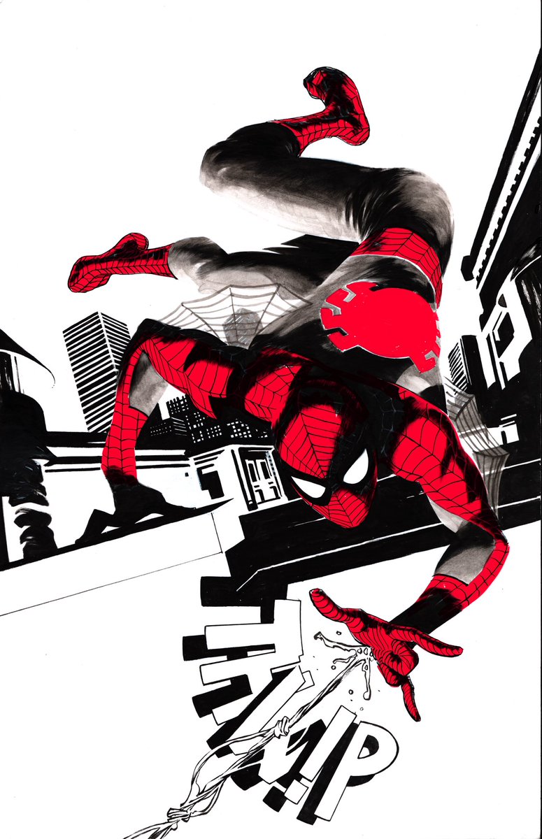 Spider-Man THWIP ! 2/4 commissions ! Ink and gouache acrylics on 11x17 strathmore board Connect with @comixartconnect for commissions like this ! P.S : there is option for spot colors on your physical commissions #spiderman #blackwhiteandred #commissions #marvel #traditional