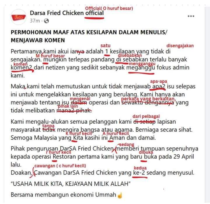 Darsa Fried Chicken yang baru buka tu dah minta maaf sebab salah netizen la bangang 'ganggu fokus admin'. Tapi lawak juga la ada cikgu BM mana tah pegi betulkan ayat diorang. Adoi kitonyo mudah terhibur.