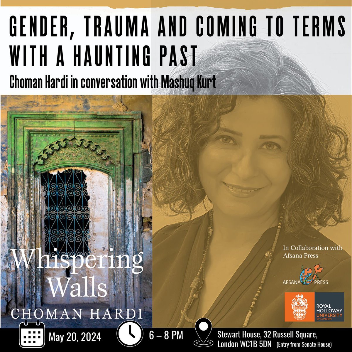 Join us for another Kurdish literary event with wonderful @chomahardi. Organised by @mimkurd and hosted by @RHUL_Law in our central London place in Senate House! eventbrite.co.uk/e/gender-traum…