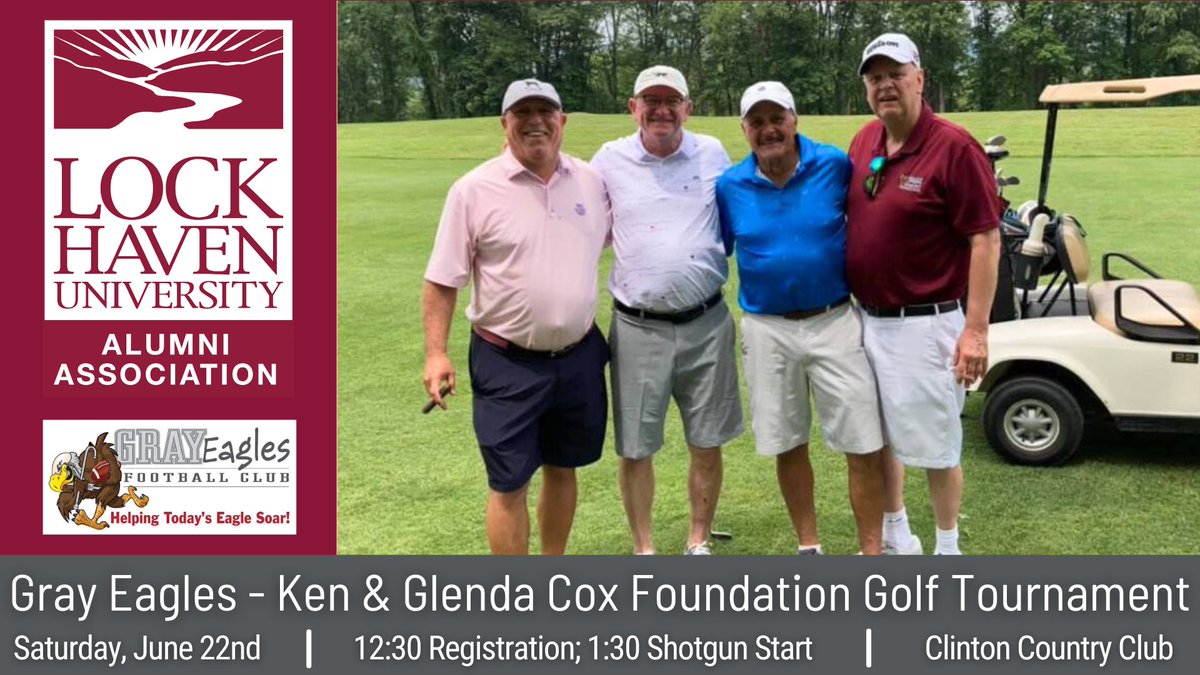 Get #LockedIn and join the Gray Eagles on June 22nd for the Ken & Glenda Cox Foundation Golf Tournament at Clinton Country Club. All proceeds support Lock Haven Football scholarships! Register: grayeaglesfootballalumni.com/golf-tournamen… #LockedIn #LHUAlumni #HavenNation #HavenProud