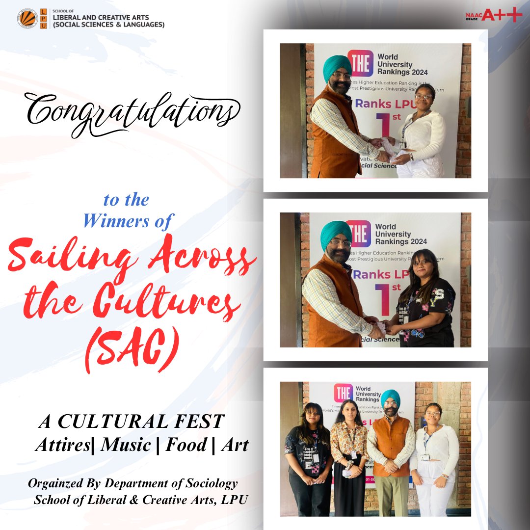 Congratulations to Shivangi, Whitney, and Komal for dominating the waves and clinching the top spots in sailing across cultures at the Culture Fest organized by the Department of Sociology, LPU.
#lpu #lpuuniversity #socialsciencesatlpu  #culturefest2024 #winners #thinkBIG