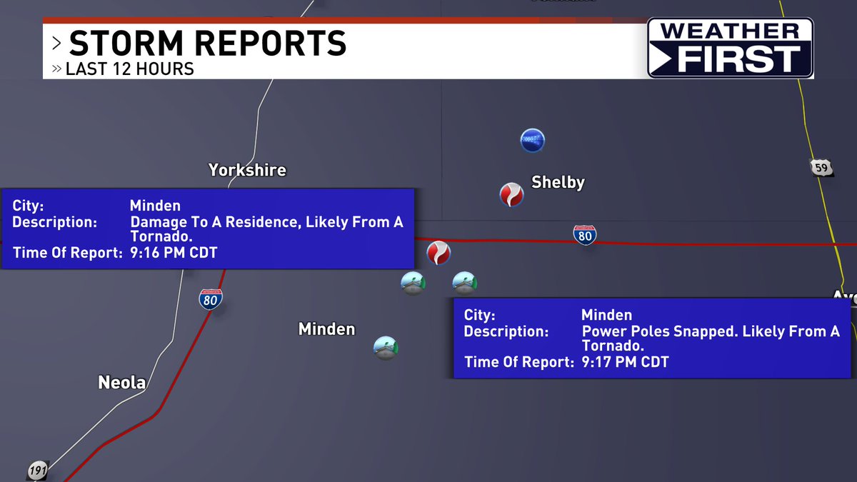 Ten days after an EF-3 tornado went through this area two tornadoes were reported between Minden and Shelby, Iowa. Damage to a home and power poles reported as the NWS confirmed the tornadoes with debris signatures on radar #iawx