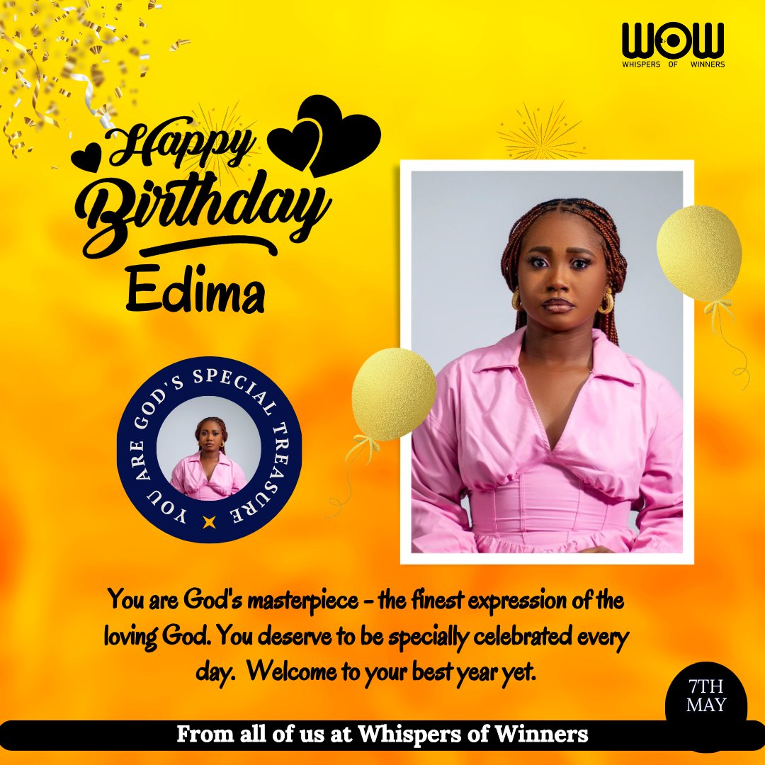 Happy Birthday, ma'am @TheEdimaSharon
Your whole life is an exquisite expression of God's grace. You are a matchless medley of divinity and humanity-Yahweh's masterpiece.

It's a favour-filled year for you.
Fly the flag of your faith joyfully and flourish every day in Jesus' name