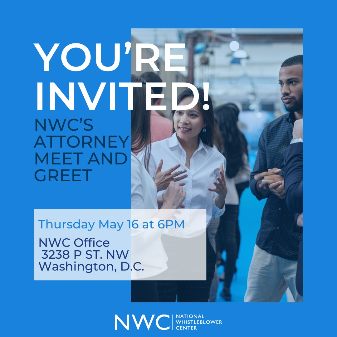Are you an attorney in the DMV area? We invite you to come by our offices on May 16th at 6PM to network with other attorneys and connect with the National Whistleblower Center! Get your free ticket today ➡️ ow.ly/LJh550RxlPA