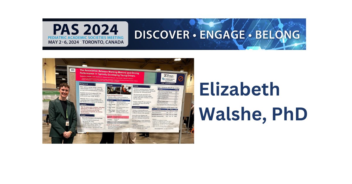 Congratulations to Elizabeth Walshe, PhD for presenting #research posters on young driver crash risks and driver training requirements at #PAS2024 #PASMeeting @PASMeeting in Toronto, Canada over the weekend. @ChildrensPhila #YoungDriver