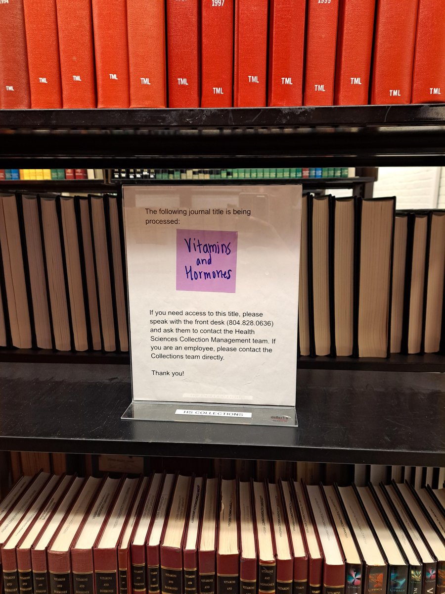 Have you ever looked for a journal volume and encountered this sign instead? That’s because our Collections team is working on an inventory project to keep track of what we have. Just let the front desk know if you need it – we can get it for you! #VCU #MCV #VCUHSL #Collections
