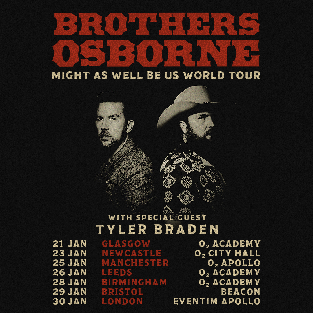 Touring their latest self-titled album, Grammy-winning country music duo @brothersosborne head out on the road, coming here Tue 21 Jan. 🎸 Get 48-hour early access Priority Tickets from 10am Wed 8 May 👉 amg-venues.com/xplw50Rym2K #O2Priority