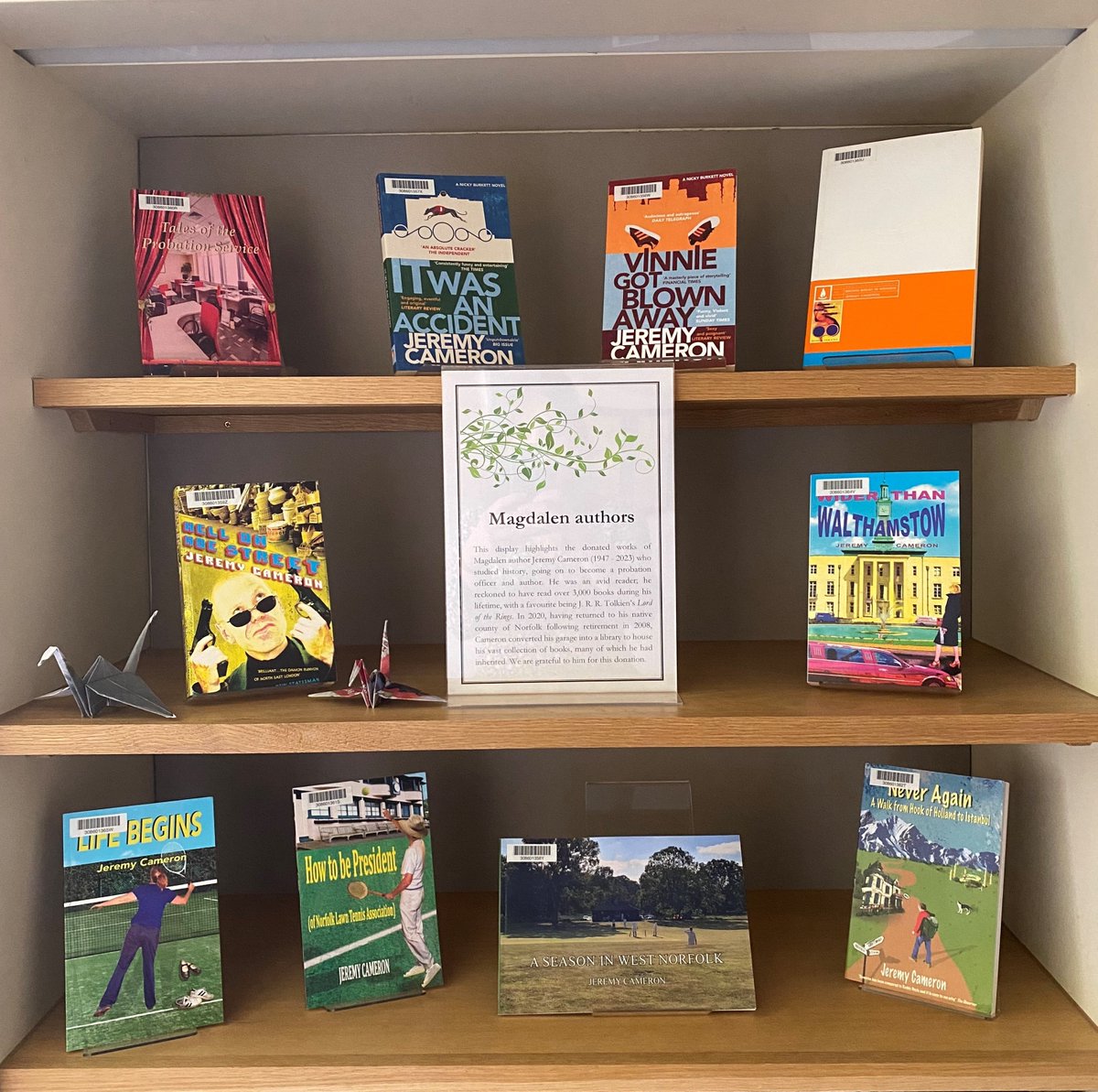 Our latest display highlights the donated works of Jeremy Cameron (1947 - 2023) who studied history at Magdalen, going on to become a probation officer and author. In 2020 Cameron converted his home garage into a library to house his vast collection of books.