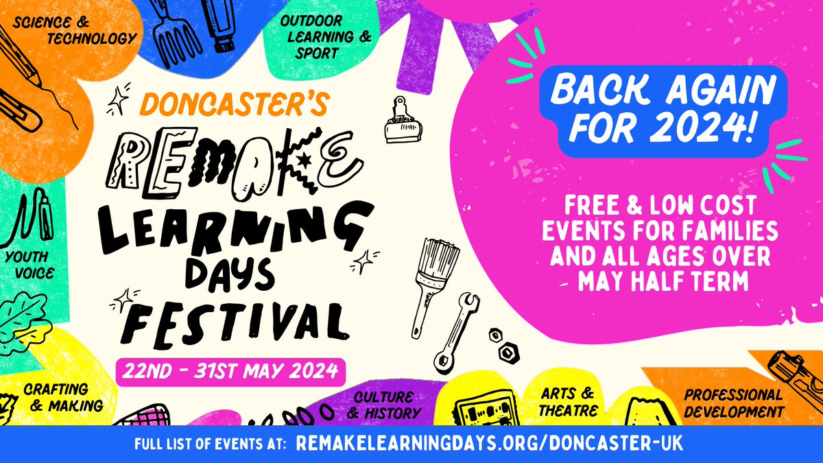 Remake Learning Days Festival is back!📢 For the whole of May half-term, we will be hosting FREE & low cost events across Doncaster. Slime making, pond dipping, radio DJ taster days, VR workshops and so much more – there is something for all ages! ➡️remakelearningdays.org/find-events/?f…