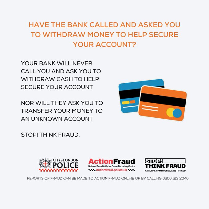 ❗️ Your bank will never contact you and ask you to withdraw cash to help secure your account. 🤔 Don’t assume a phone call is authentic just because someone knows your name and address. Find out more here: actionfraud.police.uk/courierfraud