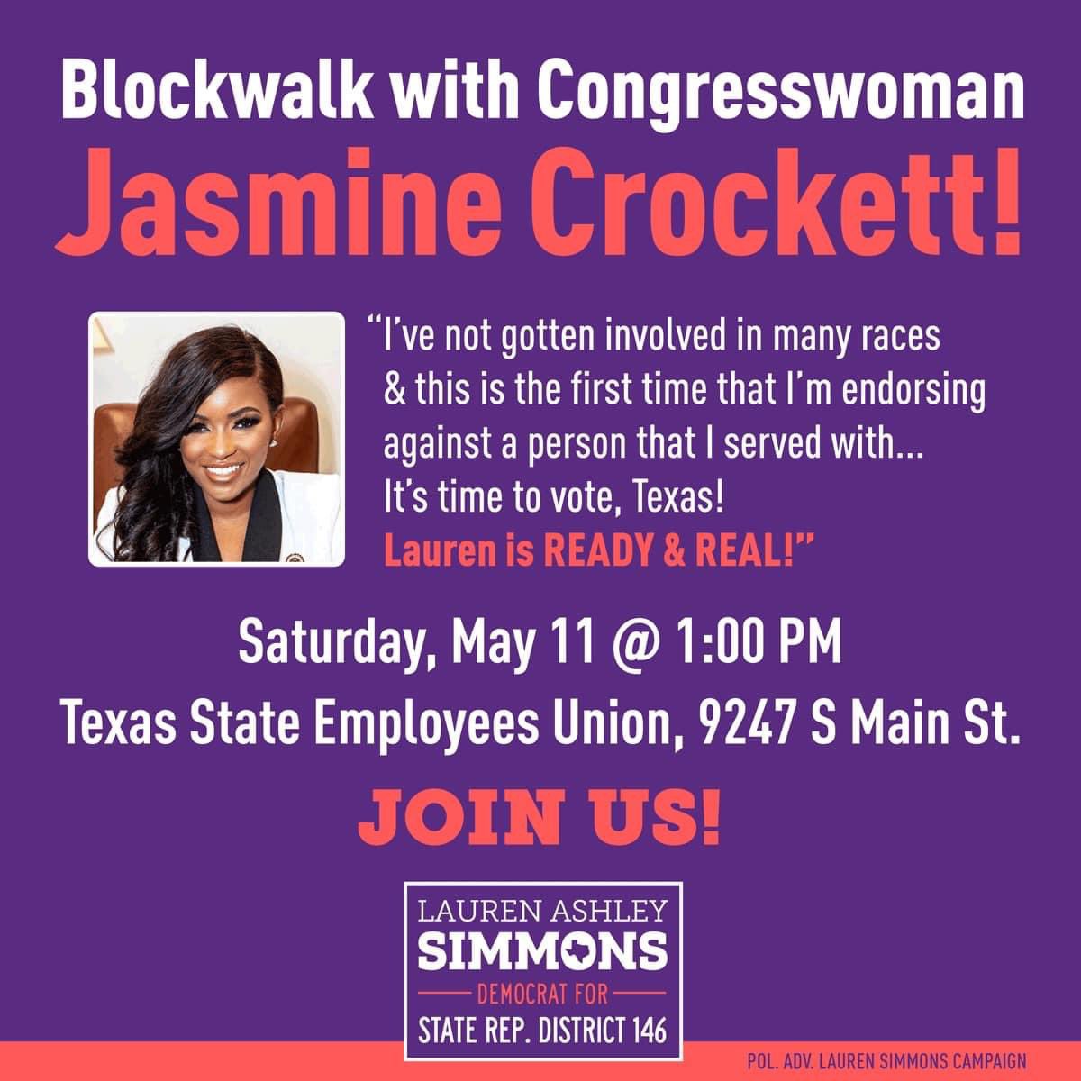 Join us this Saturday to knock doors in #HD146! So excited to have @JasmineForUS in the district helping us reach voters. #txlege Sign Up: mobilize.us/s/3KwsP2