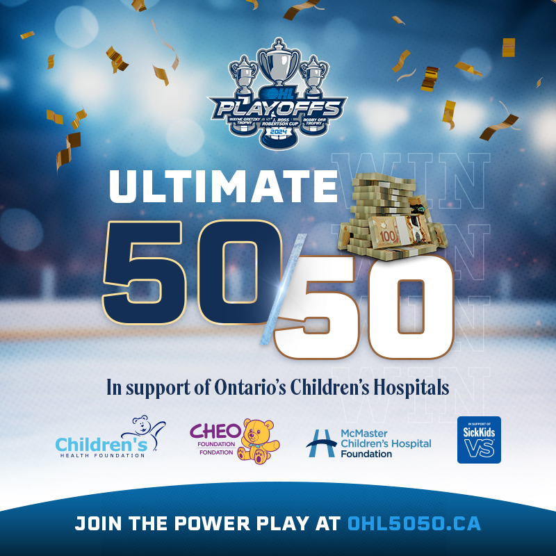 The @OHLHockey Playoffs are down to the final two: @LondonKnights vs. @Oshawa_Generals. The jackpot for the OHL Playoffs Ultimate 50/50 is growing — get your tickets and support sick and injured kids in our province. Visit ohl5050.ca to get your tickets today!
