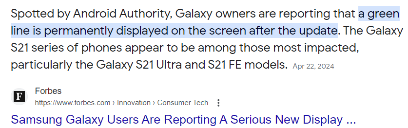 I checked online and learned that many Samsung s21 Fe phones had similar issues and got a free screen replacement.

I request you to fix this green line issue ASAP caused solely due to your software updates.

#CustomerServiceFail #UnFairTreatment #Samsung