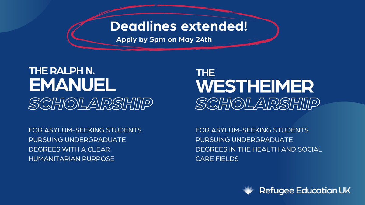 The Ralph N. Emanuel and the Westheimer Scholarships for asylum-seeking students have both been extended! New deadline: 📆⏰May 24th at 5pm More information ➡️ swtrust.org.uk #RefugeeEducation