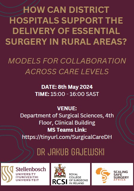 Join our Programme Director for Research, Dr Kuba Gajewski, online and in-person @StellenboschUni tomorrow (2pm Irish time) where he will present on strengthening rural surgery in Malawi, Tanzania, and Zambia. tinyurl.com/SurgicalCareDH #globalsurgery @RCSI_Irl @RCSI_PopHealth