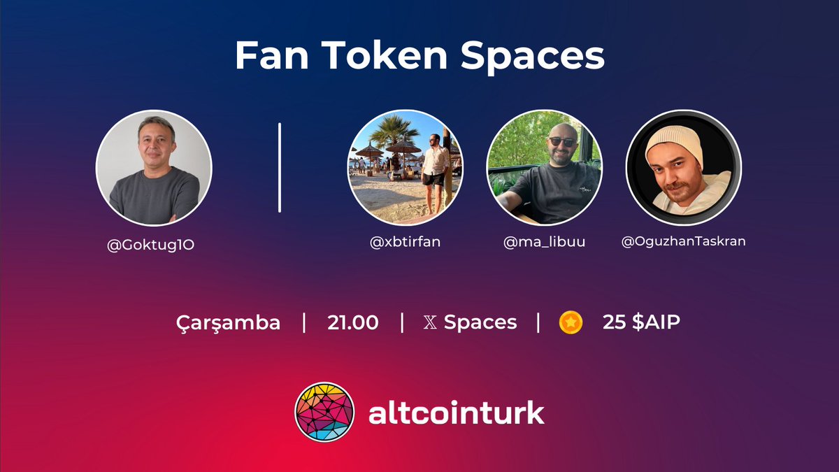 🎙️@Goktug1O'un hazırlayıp sunduğu Fan Token Spaces'in bu haftaki konukları @xbtirfan, @ma_libuu ve @OguzhanTaskran! 🎉 Yarın akşam 21.00'deki yayın için hatırlatıcı kurun! 👇 x.com/i/spaces/1mnxe…