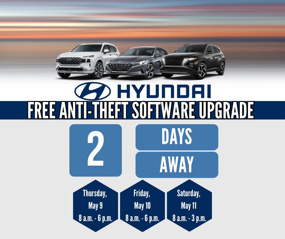 #TrafficTipTuesday- 

🗣️Calling all 2011-2021 #Hyundai owners and lessees!

Attend our FREE three-day event offering anti-theft software upgrades w/ @Hyundai! 

No appointment necessary, no cost and no ID’s required, all you have to do is show up!

#MCPNews #SoftwareUpgrade