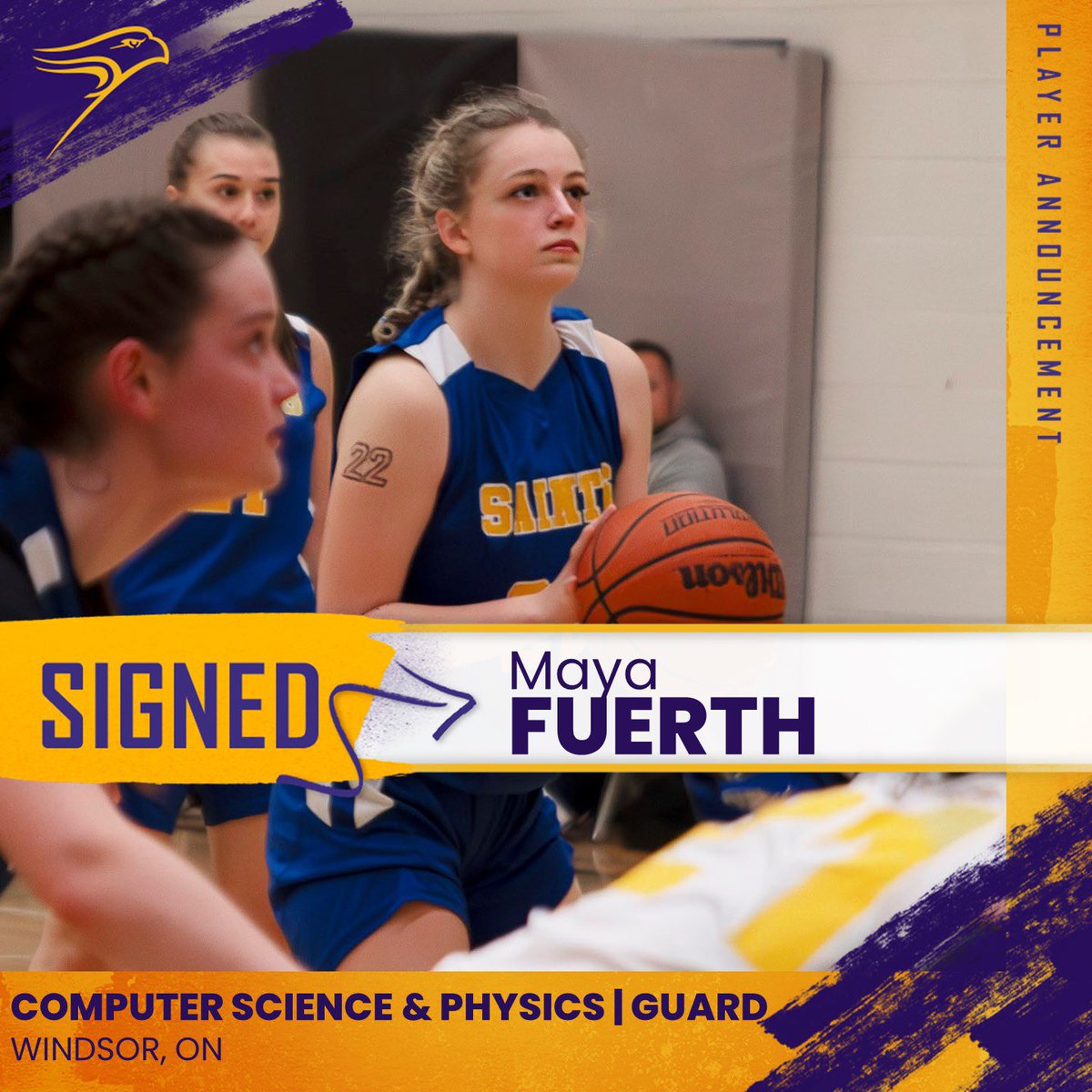 ✍️ Join us in welcoming our next recruit of the ‘24-25 class, a 5’9 guard from Windsor, Maya Fuerth! Maya played for St. Joseph’s Catholic High School in Windsor and is currently competing with the u19 G-Elite Tecumseh Saints! Welcome to Laurier Maya! 💜💛