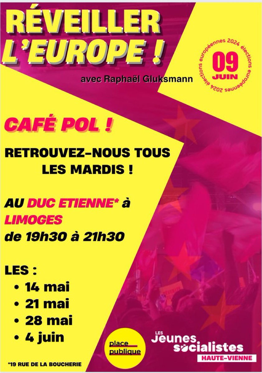 🟡🔴  CAFÉ POL !  

Venez #ReveillerLEurope 

Les mardis de 19h30 à 20h00

Le Duc Etienne 
19 rue de la Boucherie 
#Limoges

@JSocialistes87 @placepublique_ 
@psHauteVienne