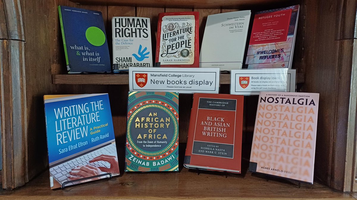 A great selection of new books at @MansfieldOxford this week, including a very kind donation by alum @dorinaMH of her new book of poetry. Plus new books by alum and honorary fellow @sarahhark2, honorary fellow Shami Chakrabarti, and alum Robert Merrihew Adams...