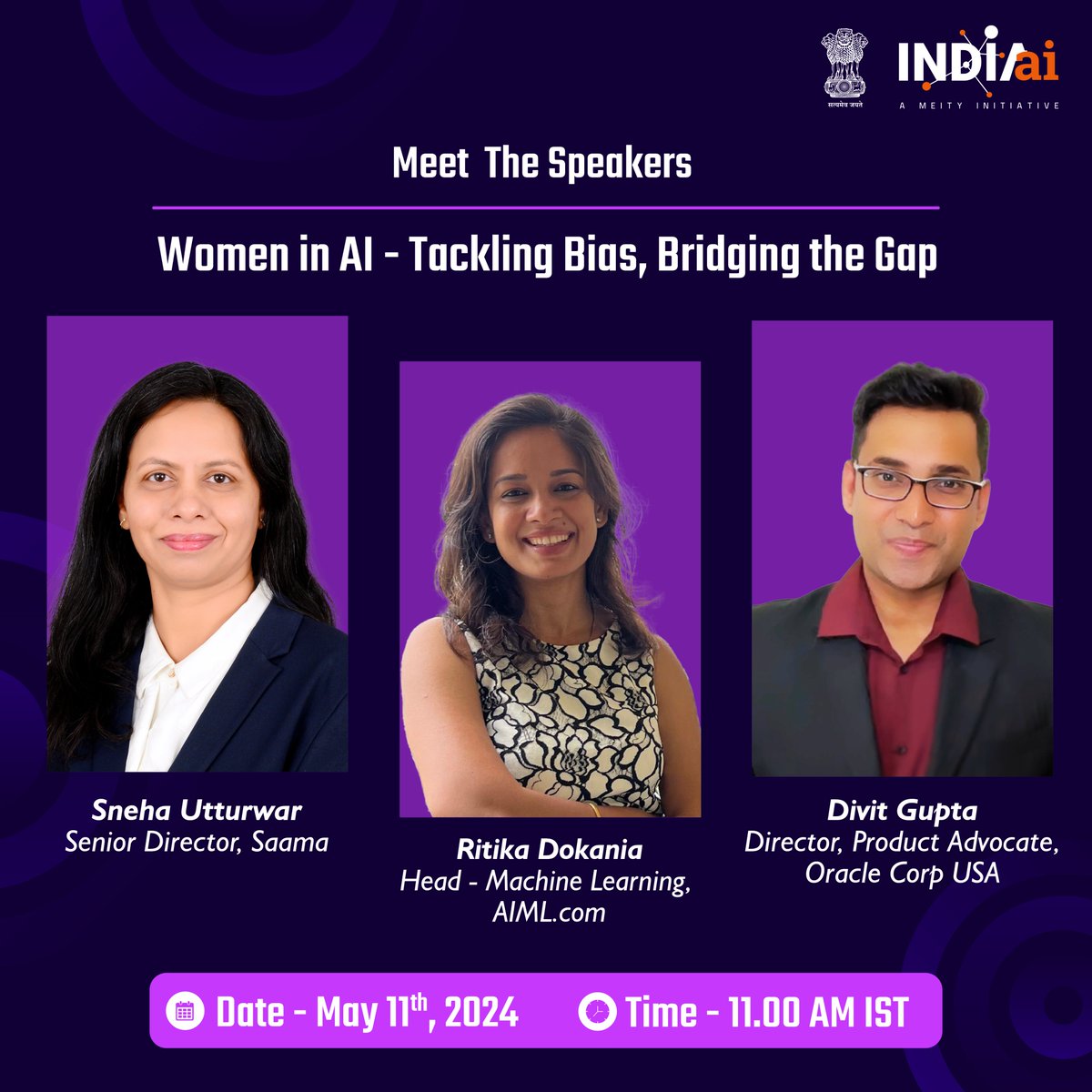 Celebrate #NationalTechologyDay with INDIAai! Join our LinkedIn Live on May 11th (11 AM IST) for an insightful discussion on Women in AI: Tackling Bias, Bridging the Gap. Featuring experts like Sneha Utturwar, @rdokania and Divit Gupta. Don't miss out! RSVP now: