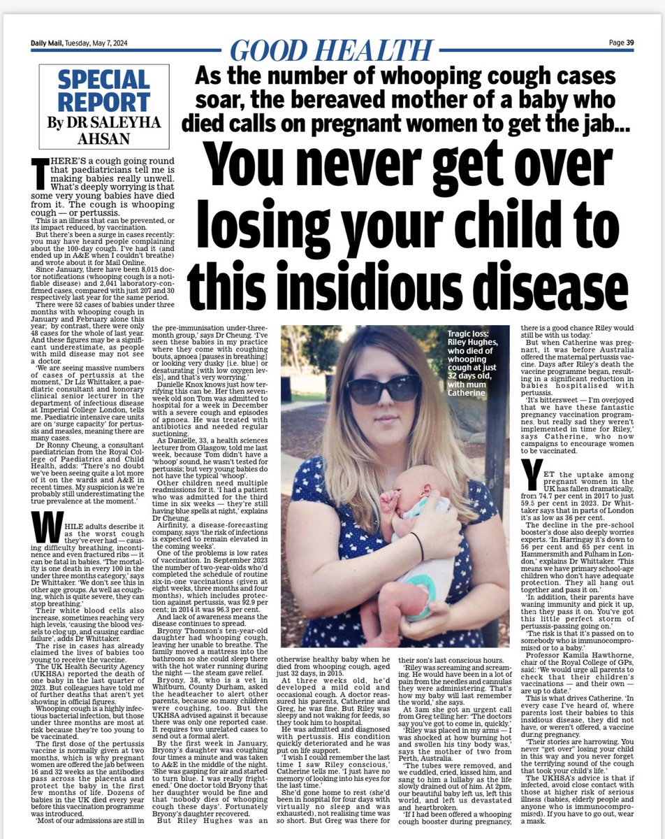 Thank you parents who shared their stories @rcgp @RCPCHtweets @WhoopingCoughDr @UKHSA @NHSEngland @imperialcollege for your help and hard work. I have whooping cough and was alarmed numbers. My 2nd piece this time about how deadly it can be for babies and vulnerable @DailyMailUK