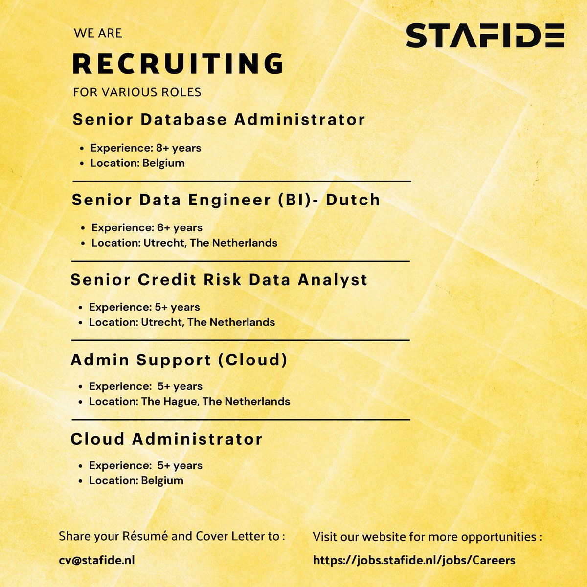 Let us do your Hiring!!!

Join our team and turn your potential into excellence.

Send your Résumé and Cover Letter to - cv@stafide.nl

Website: jobs.stafide.nl/jobs/Careers

#netherlandsjobs #AmsterdamJobs #nljobs #recruitment #career #CareerOpportunity #TechCareers #BuildTheFuture