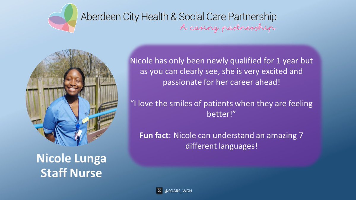 Continuing to celebrate the incredible and demanding work that nurses carry out for our patients everyday, lets meet more of our team at Woodend on the run up to #InternationalNursesDay Here we meet Nicole Lunga, Staff Nurse. 🏥 #IND2024 #OurNursesOurFuture