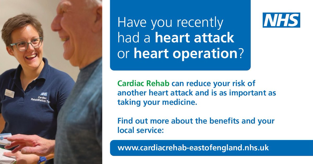 Have you recently had a heart attack or operation? Cardiac Rehab can reduce your risk of another heart attack and is as important as taking your medicine. Sign up today! Find out more details and local service contacts 👇 cardiacrehab-eastofengland.nhs.uk