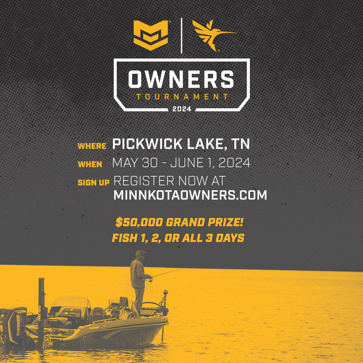 The 2024 Minn Kota & Humminbird Owners Tournament is just weeks away! Click on the link to sign up today to compete for exciting hourly payouts and a $50,000 grand prize! Sign up Today 👉 minnkotaowners.com