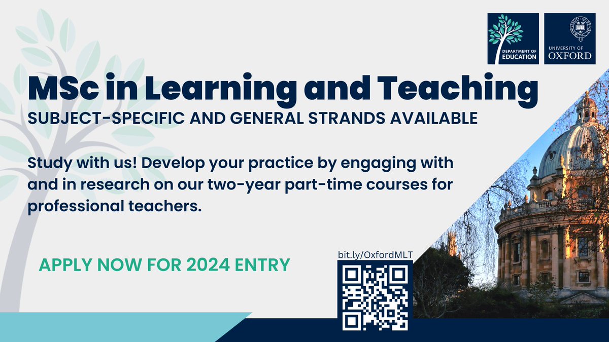 Are you a qualified teacher looking to boost your skills? Come and study our part-time MSc in Learning and Teaching at @UniofOxford! 👩‍🏫📚 Find out more and apply ➡ bit.ly/OxfordMLT #EdChat #Teaching