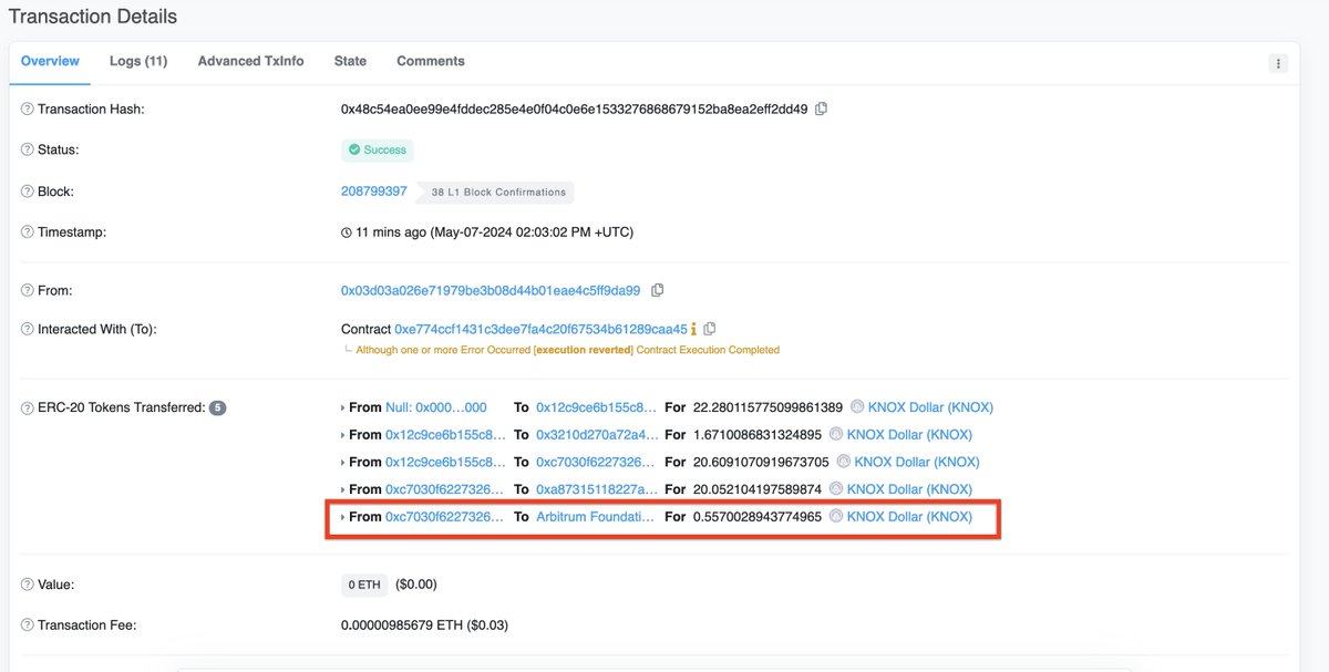 GM to the $0.55 richer @arbitrum foundation - the first of many seamless RToken revenue payments from @KNOX_Dollar! This could scale massively with RToken TVL - by some estimates covering all STEP implementation costs by ~$150M TVL 👀