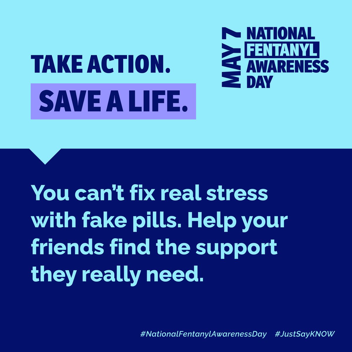 Talk to your friends and family about their mental health and the risks of fake pills. 
Fake pills can't 'fix' real stress!

Want to find out how you can help a friend? Do so via link. inbio.

#NationalFentanylAwarenessDay #JustSayKNOW #NoRandomPills