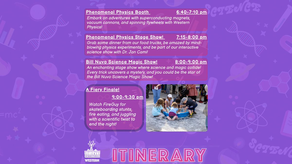 There's FOUR days until #SciRenUWO!

Today's featured event itinerary is for the child interested in astronomy and physics, and learning how the universe and nature work! ✨🚀

#uwo #ldnont #westernu #ScienceRendezvous #SciRenUWO #scienceforkids #STEMeducationforkids #stem