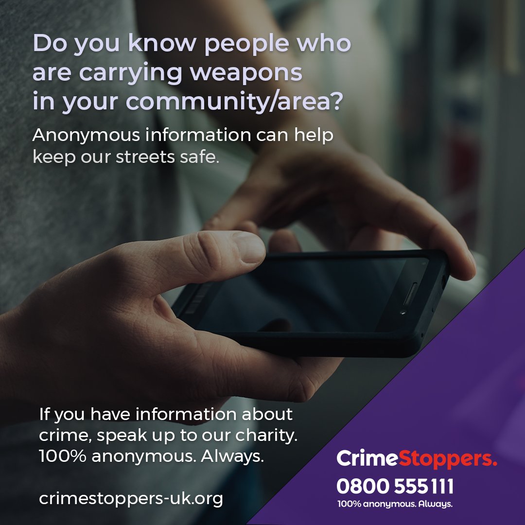 Know something about knife crime but worried about speaking up? Anything you tell us stays 100% anonymous. The only person who'll know you spoke up is you. Call 0800 555 111 or click the link to speak to our charity: crimestoppers-uk.org/news-campaigns…