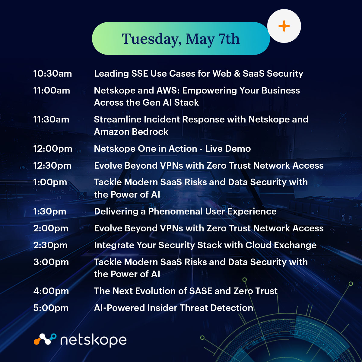 We're serving up the 🔥 hottest 🔥 topics in security all week. Come by the Netskope booth to experience the next evolution of #SASE and #ZeroTrust. 💪 Pro tip: Bookmark this post for easy access to the schedule throughout the day.