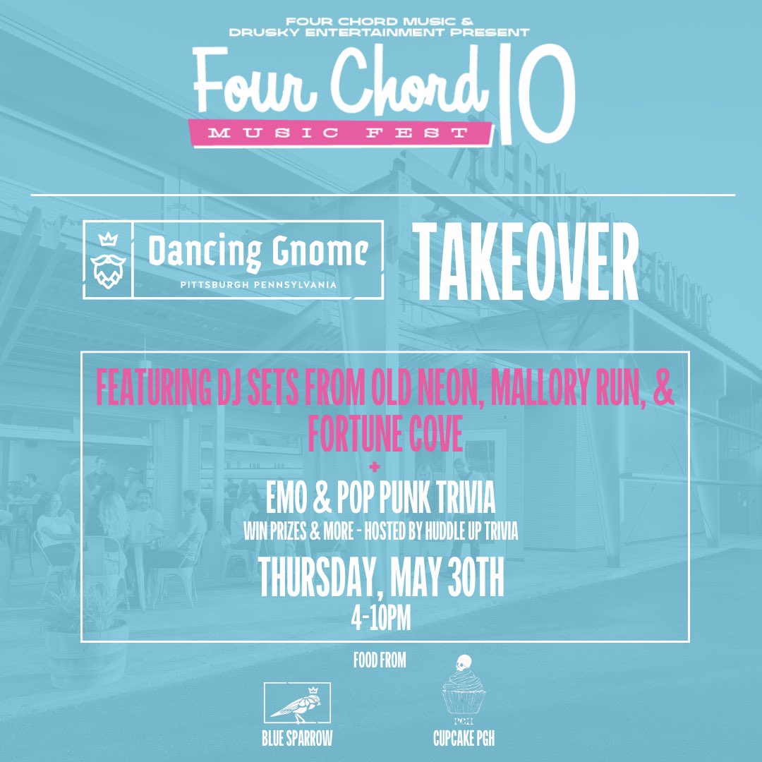 Our Dancing Gnome Beer Takeover on May 30th just got a little hotter 🔥 We'll have some special guest DJ sets from Old Neon, Mallory Run, & Fortune Cove! More fun things to come, including Emo & Pop Punk Trivia!