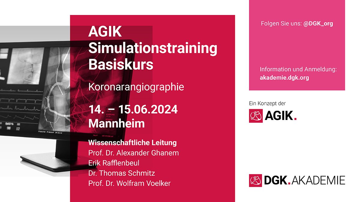 📢 Save the date! Am 14./15. Juni 2024 bietet die @AGIKinterv in Mannheim einen Simulationskurs zur #Koronarangiographie an. Ideal für Kardiologen mit wenig Erfahrung. Organisiert in Kooperation mit dem INTUS. Alle Infos hier: akademie.dgk.org/veranstaltung/… #DGKAkademie #Kardiologie