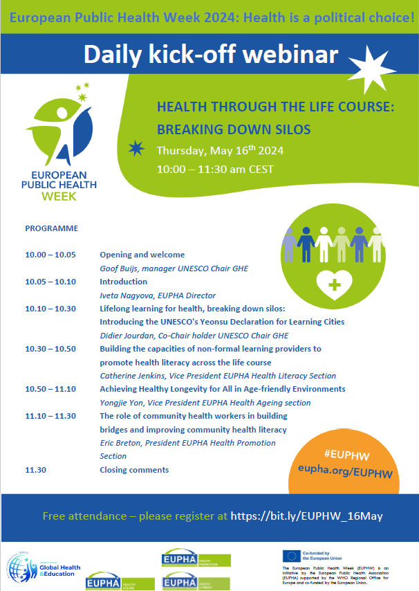 Save the date 16 May 2024 10.00-11.30 CEST. Kick-off webinar EUPHW theme: Health through the life course: Breaking down silos. More information: eupha.org/general_page.p…