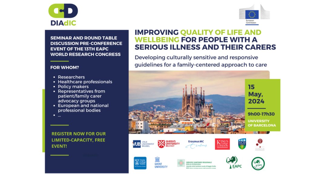 Join us at the FREE DIAdIC End-of-Project Conference on May 15, 2024, at the University of Barcelona!   
Engage with experts and explore research on improving quality of life for patients and their carers.  

Register here: eapccongress.eu/2024/diadic-en…

 #DIAdIC #EAPC2024 #Barcelona