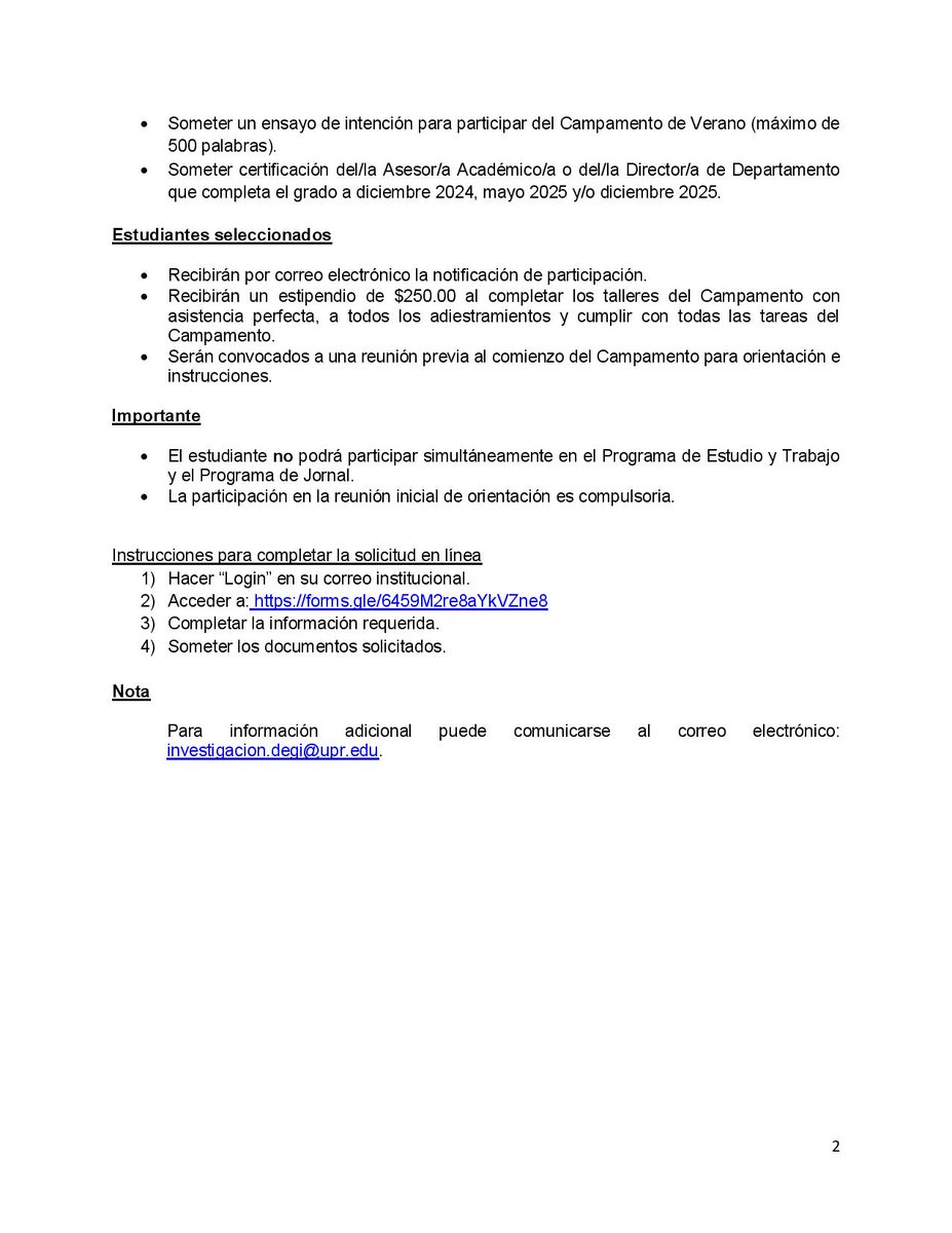 ¡Separa la fecha! Campamento de Verano 2024– UPRRP

*Para Estudiantes Subgraduados candidatos a graduación en diciembre 2024, mayo 2025 y diciembre 2025!

Fecha limite para radicar solicitud: 31 de mayo de 2024

Para más información y radicar solicitud: graduados.uprrp.edu/convocatoria-c…