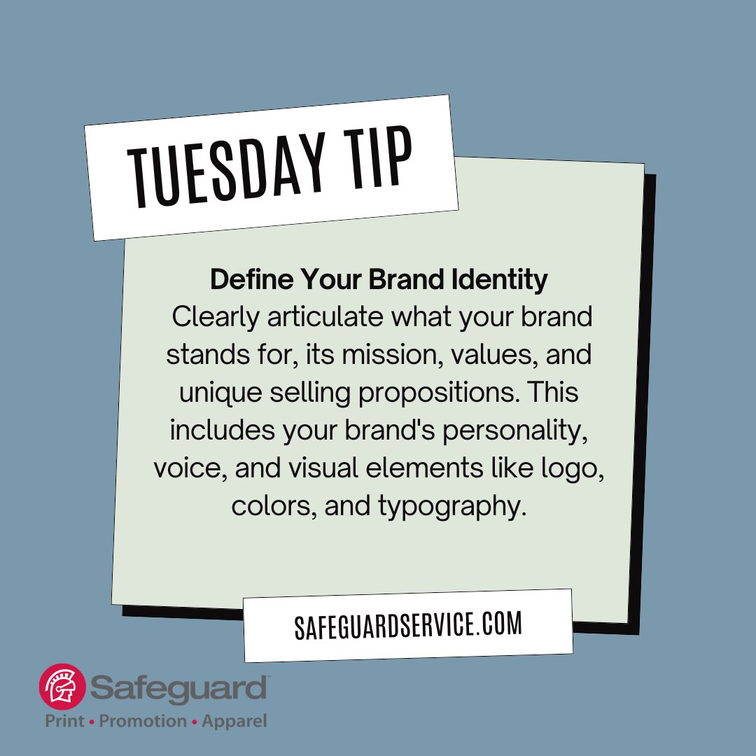 Tip of the Day for Tip Tuesday! Follow along for more ways to build your brand! #TipTuesday #ShopSafeguard #SafeguardService #Print #Promo #Apparel #ItsSafeguardService #BusinessTips #BrandBoost