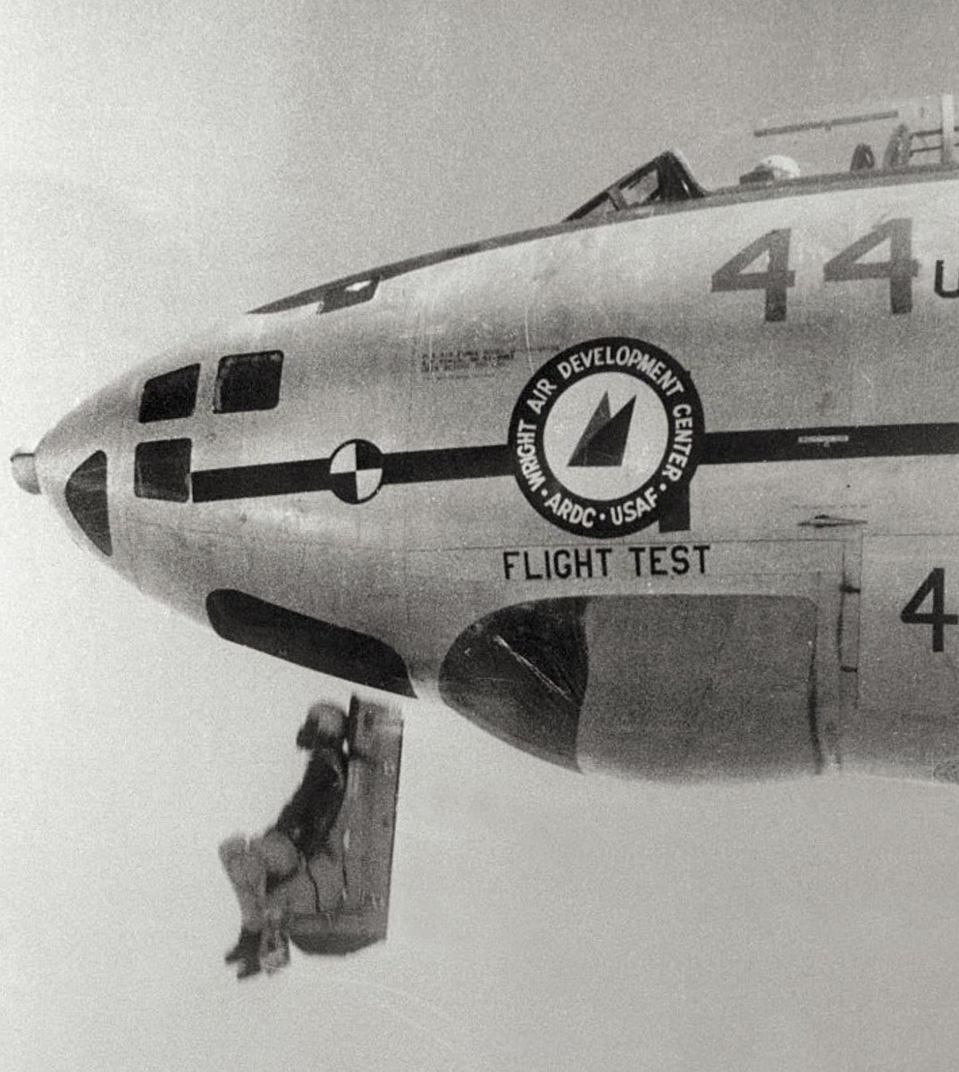 When the going gets tough…. downward ejection test from B-47. This method employed on a few aircraft, usually to help avoid an obstacle at the rear of the aircraft or above their station. Seldom used shortly after take off. It didn’t catch on!