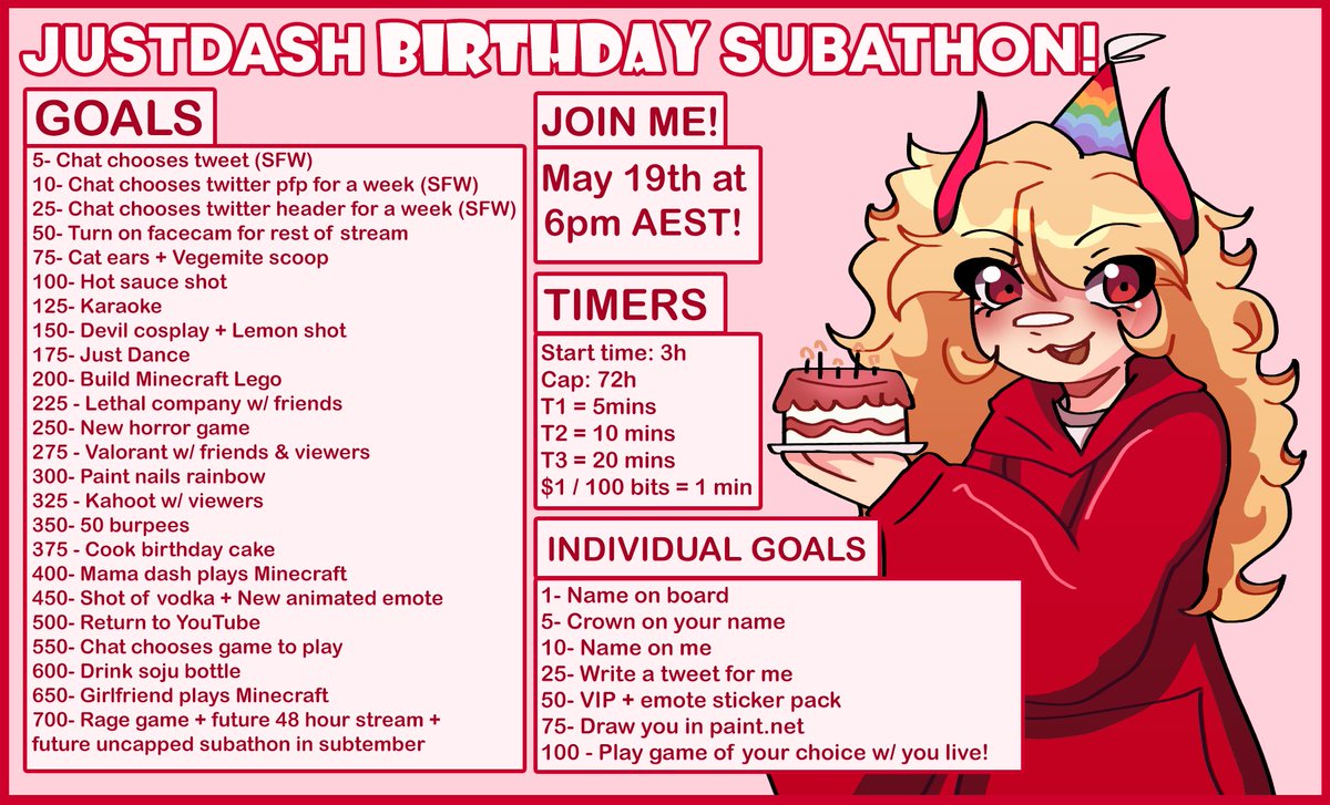 🎂🎈 JUSTDASH 23RD BIRTHDAY SUBATHON! 🎈🎂

📅On the 19th of May at 6pm AEST I will be doing a 72h bday subathon!

🎁There are lots of fun goals and incentives and games to play! 

❤️See you all there to celebrate my birthday!!
