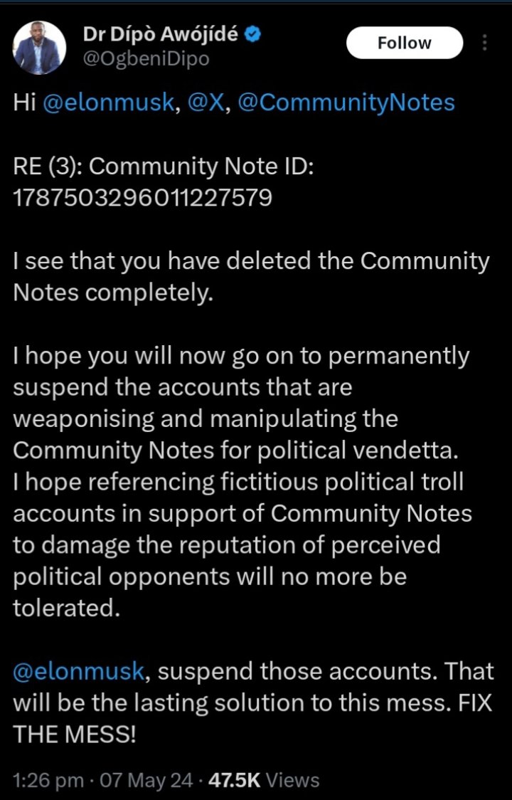 This Bigot is a Bitter Soul. @OgbeniDipo issuing directives to Elon Musk to delete the accounts of Community Notes Reviewers. This guy likes calling for the suspension, even the sack of people he doesn't like. No wonder he was sacked by two universities back to back in the UK.